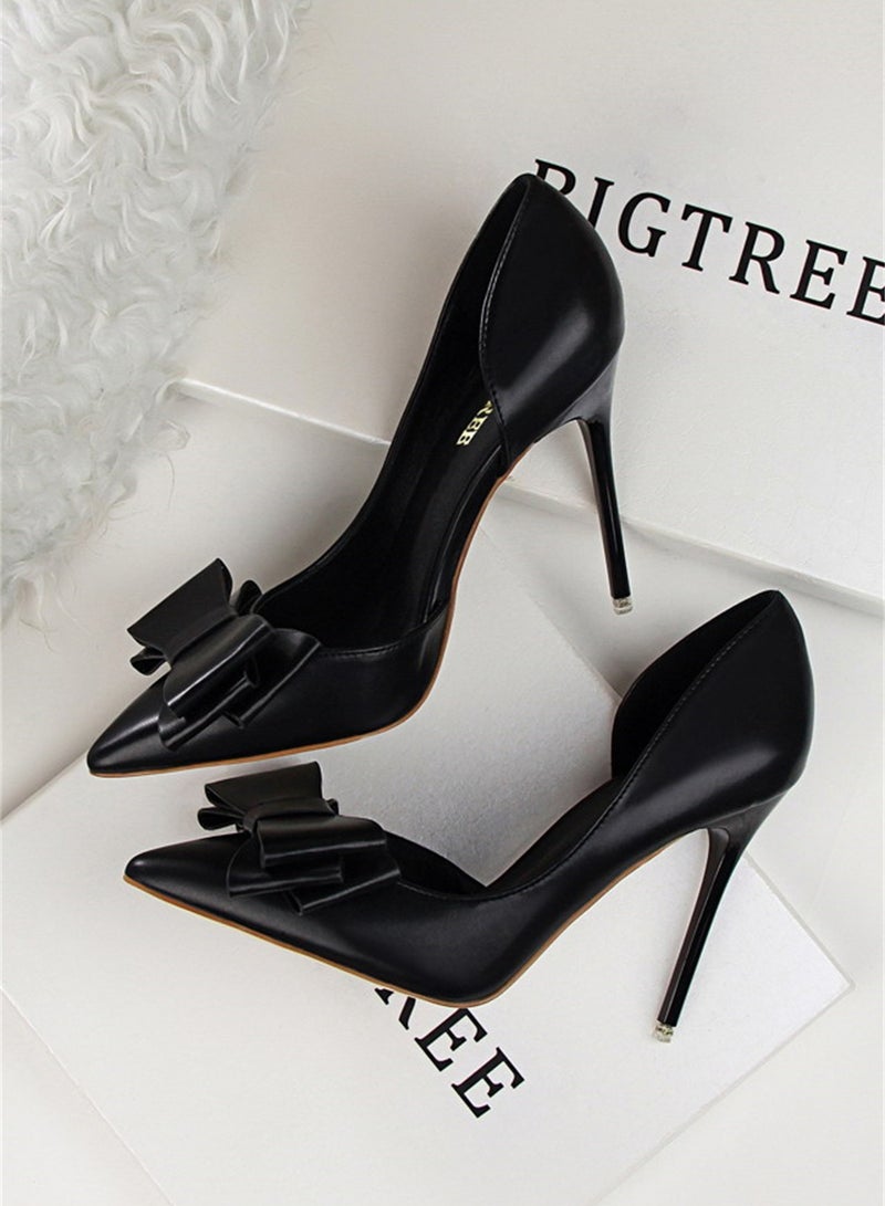 10.5cm Fashion Bow High Heels Shallow Mouth Pointed Side Hollowed Out Single Shoes Black