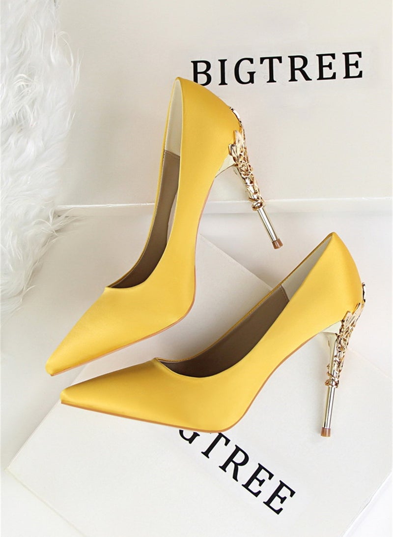 10cm Stylish Metal Pumps With Slim Heels High heels Shallow-Cut Pointed Satin Pumps Yellow