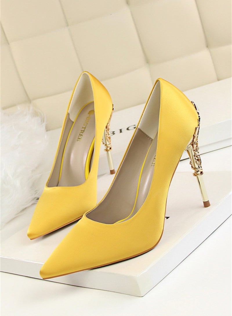 10cm Stylish Metal Pumps With Slim Heels High heels Shallow-Cut Pointed Satin Pumps Yellow