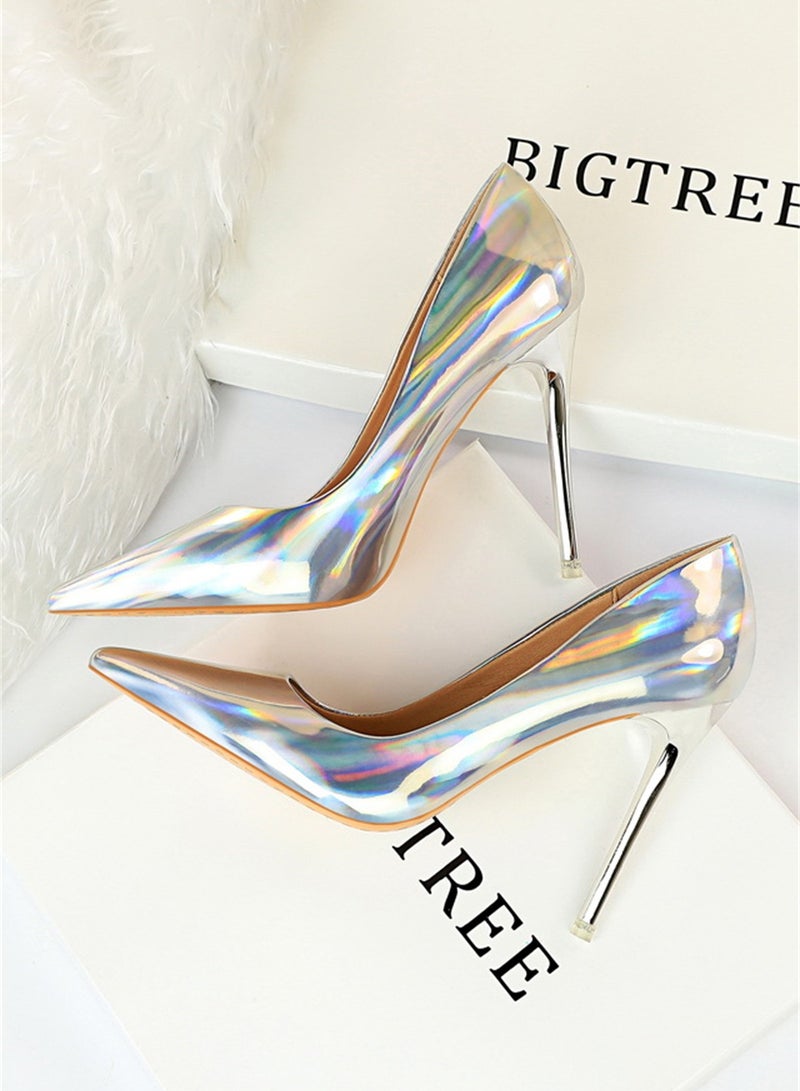 10.5cm Metal Heels High Heels Bright Patent Leather Shallow Cut Pointed Slim Heels