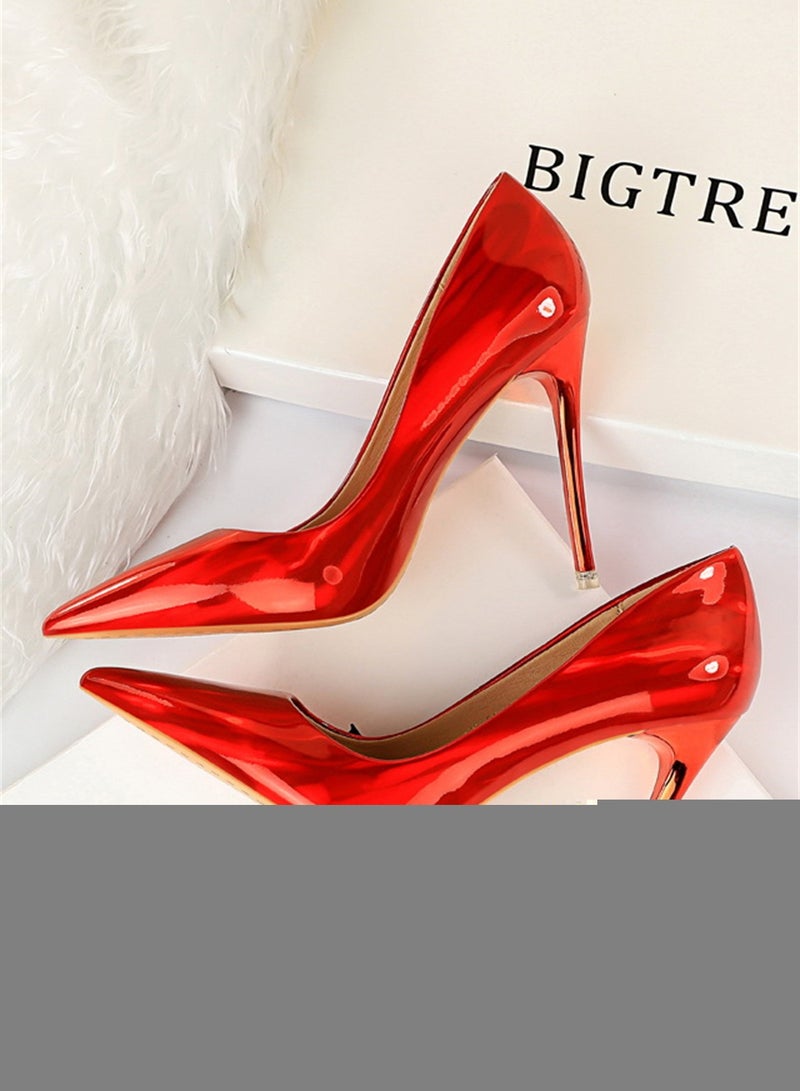 10.5cm Metal Heels High Heels Bright Patent Leather Shallow Cut Pointed Slim Heels Red