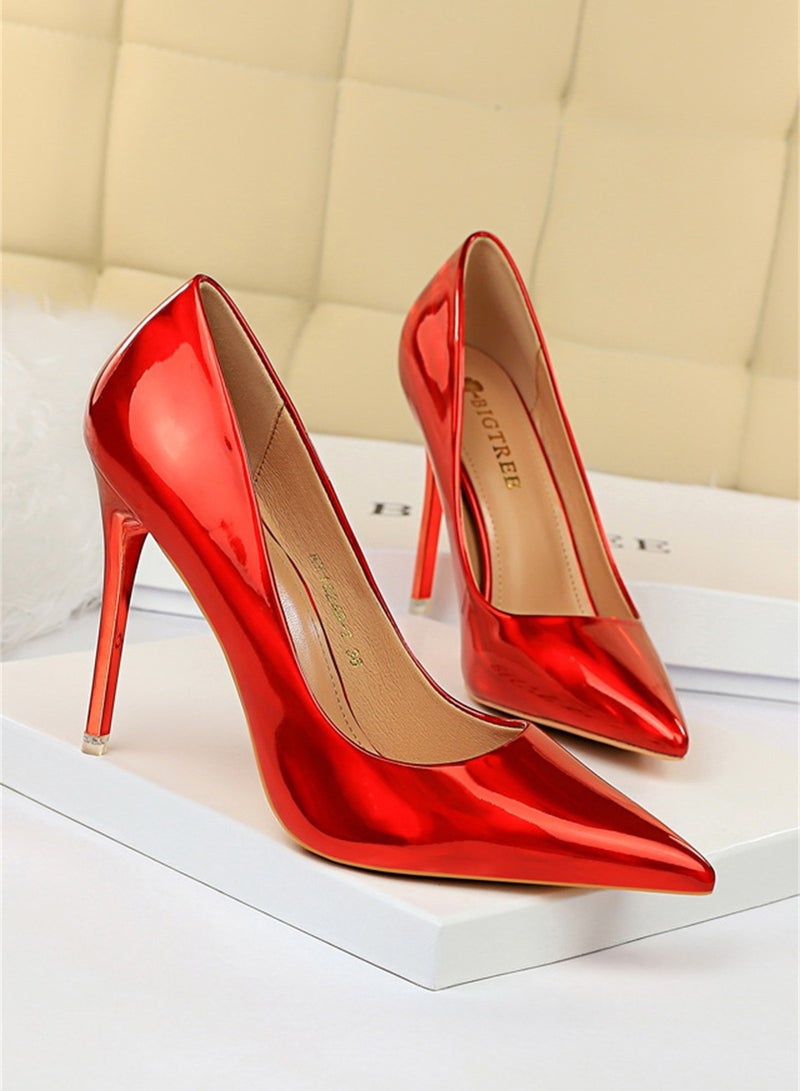 10.5cm Metal Heels High Heels Bright Patent Leather Shallow Cut Pointed Slim Heels Red