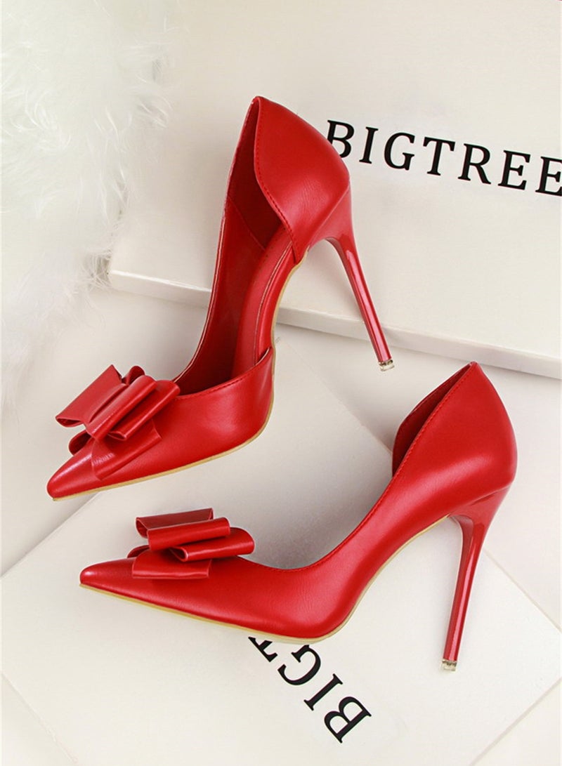 10.5cm Fashion Bow High Heels Shallow Mouth Pointed Side Hollowed Out Single Shoes Red