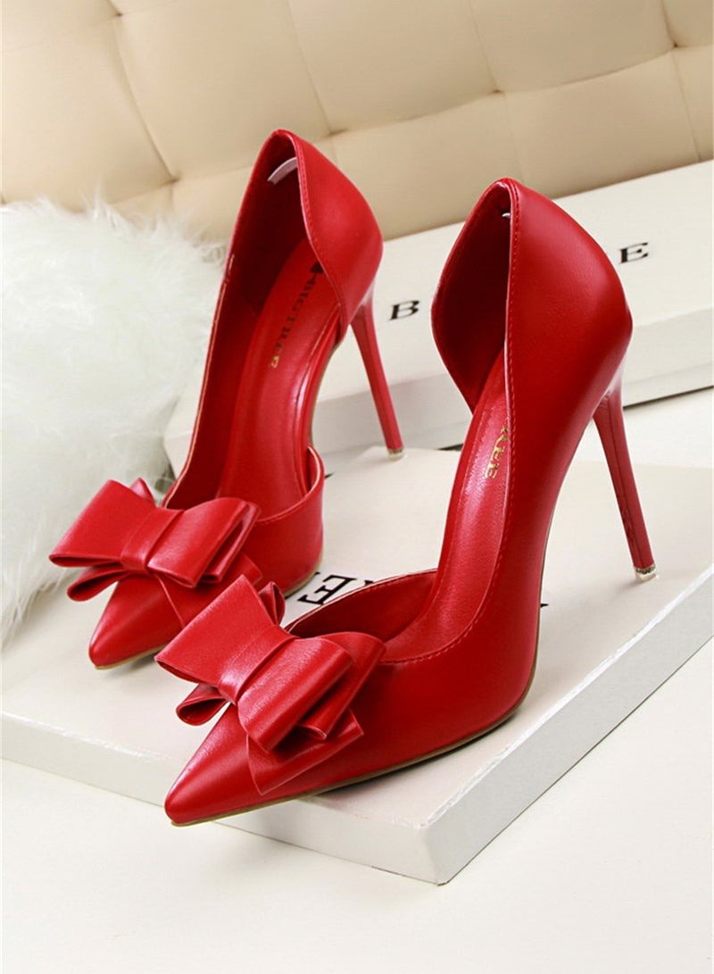 10.5cm Fashion Bow High Heels Shallow Mouth Pointed Side Hollowed Out Single Shoes Red