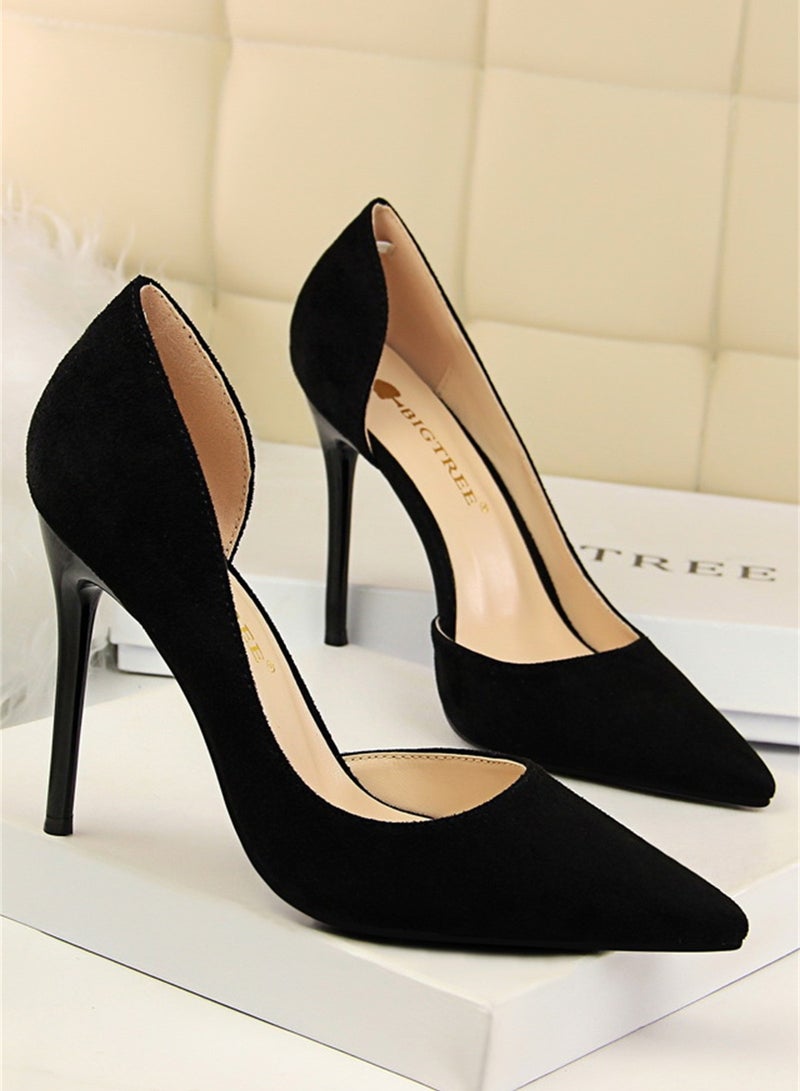 10.5cm Simple Slim Heel Super High Heel Suede Shallow Mouth Pointy Side Hollow Shoes Black