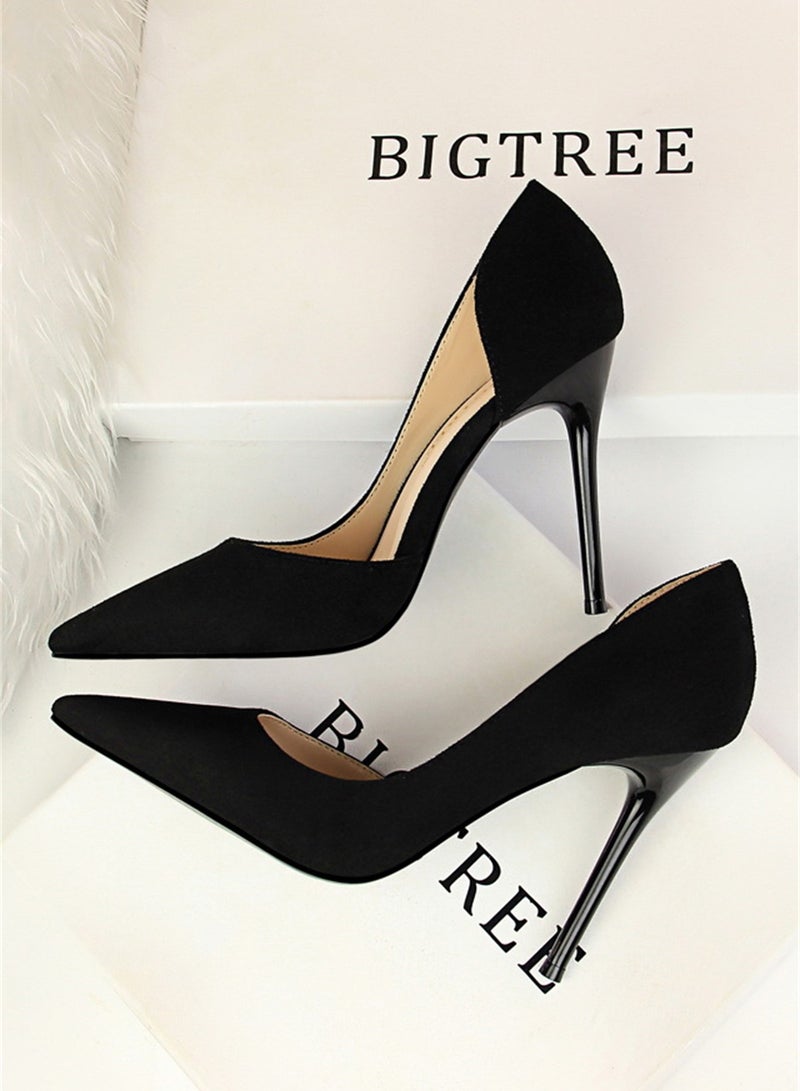 10.5cm Simple Slim Heel Super High Heel Suede Shallow Mouth Pointy Side Hollow Shoes Black