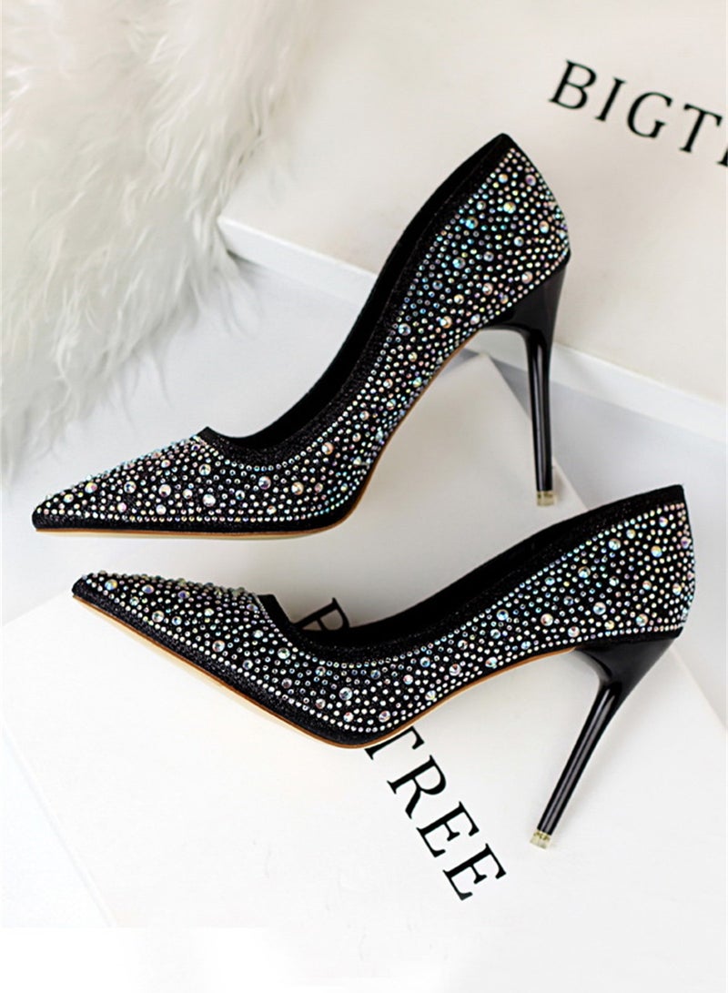 10cm Fashion Party Women's Shoes Slim Heel Shallow Mouth Pointed Thin Rhinestone Color Diamond High Heel Shoes Black