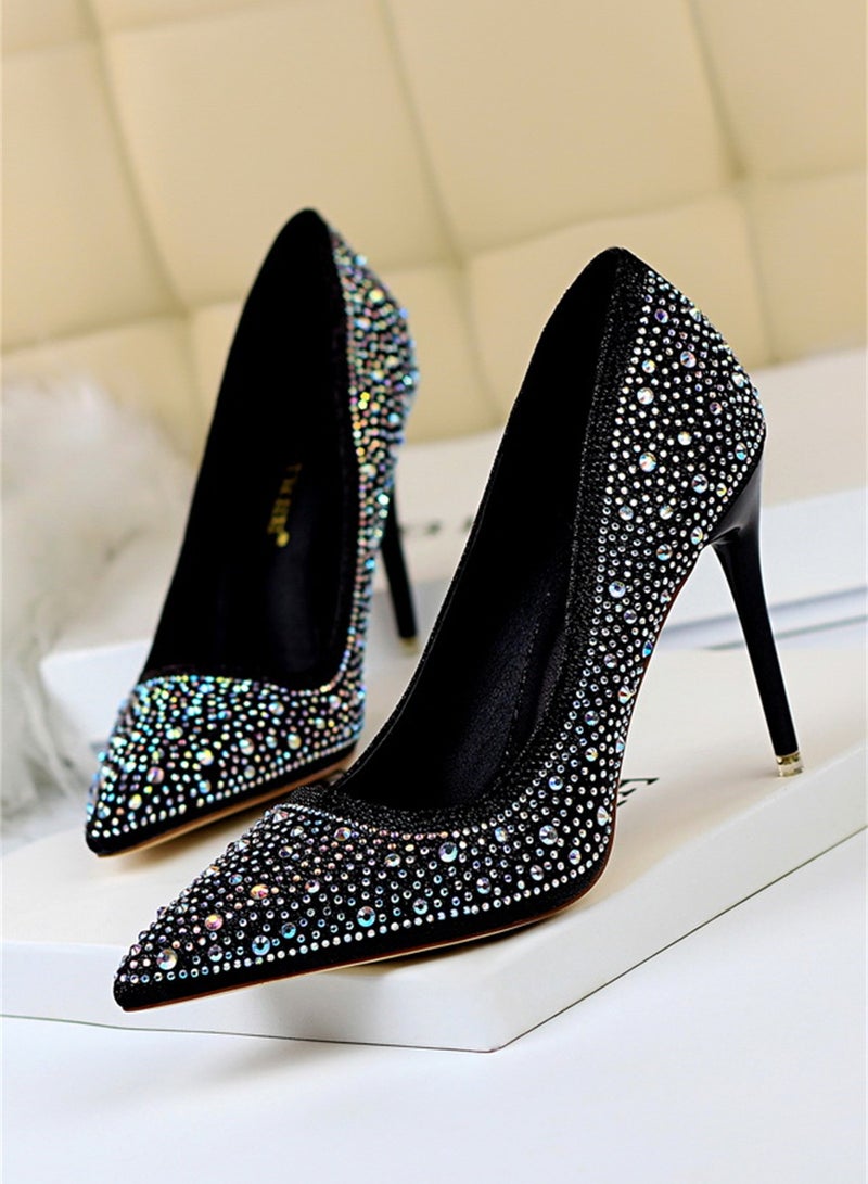 10cm Fashion Party Women's Shoes Slim Heel Shallow Mouth Pointed Thin Rhinestone Color Diamond High Heel Shoes Black