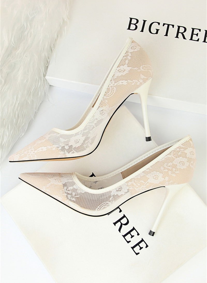 9cm Slimming High-Heeled Pumps With Slim Heels And Shallow Cuts With Pointed Mesh Openwork Lace Pumps White