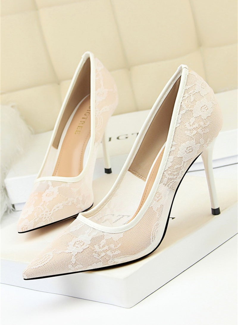 9cm Slimming High-Heeled Pumps With Slim Heels And Shallow Cuts With Pointed Mesh Openwork Lace Pumps White