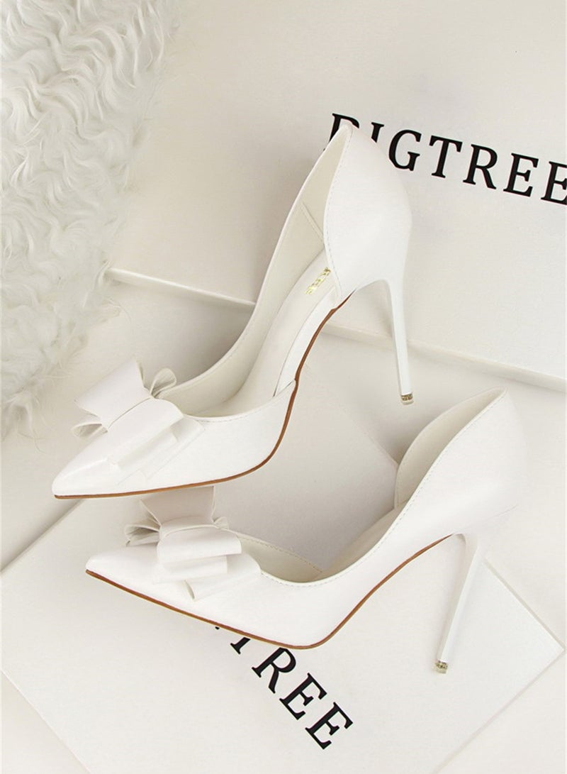 10.5cm Fashion Bow High Heels Shallow Mouth Pointed Side Hollowed Out Single Shoes White