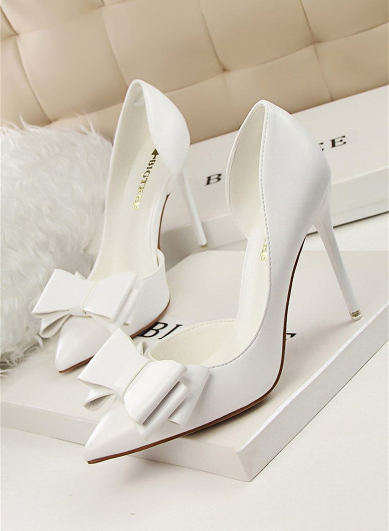 10.5cm Fashion Bow High Heels Shallow Mouth Pointed Side Hollowed Out Single Shoes White