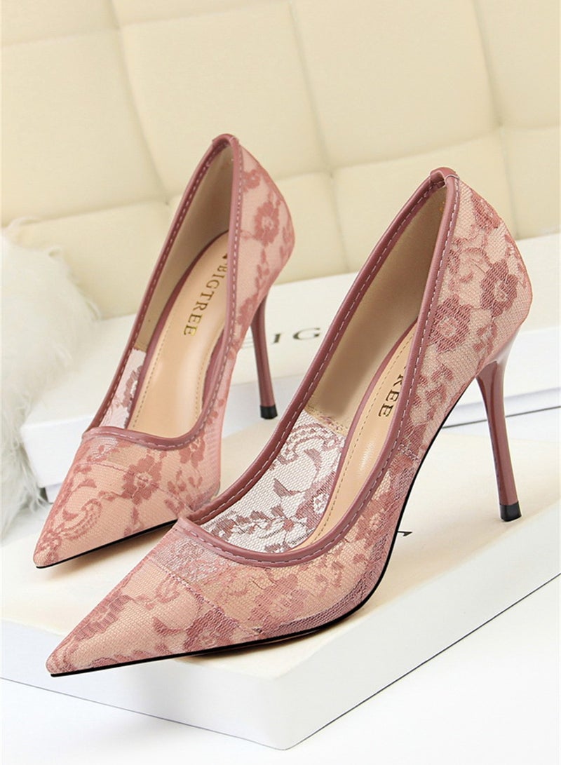 9cm Slimming High-Heeled Pumps With Slim Heels And Shallow Cuts With Pointed Mesh Openwork Lace Pumps Black