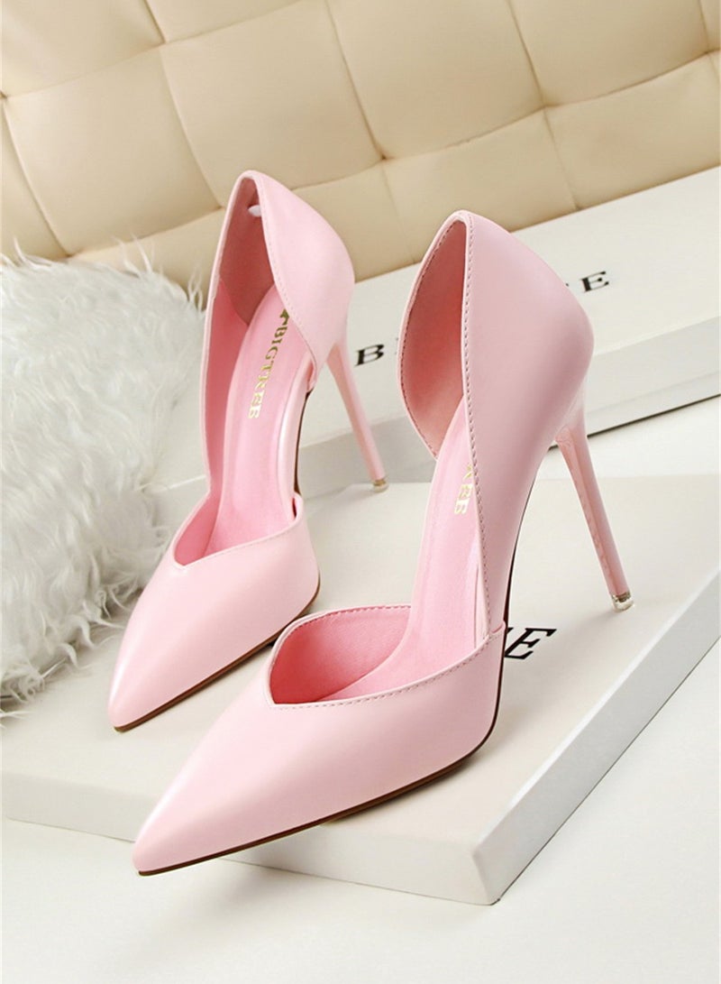 10.5cm Fashion Simple Slimming Women's Shoes Slim Heels Super High Shallow Mouth Pointed Hollowed Out Single Shoes Pink