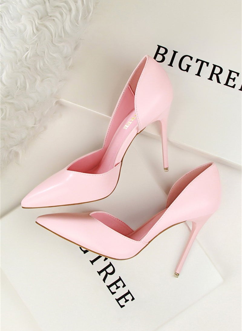 10.5cm Fashion Simple Slimming Women's Shoes Slim Heels Super High Shallow Mouth Pointed Hollowed Out Single Shoes Pink
