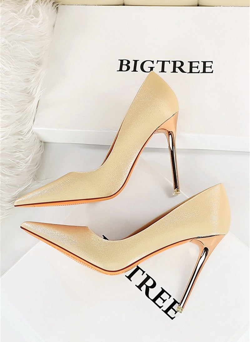 10.5cm European And American Fine Satin Shallow Mouth Pointed High Heels Women's Single Shoes Black