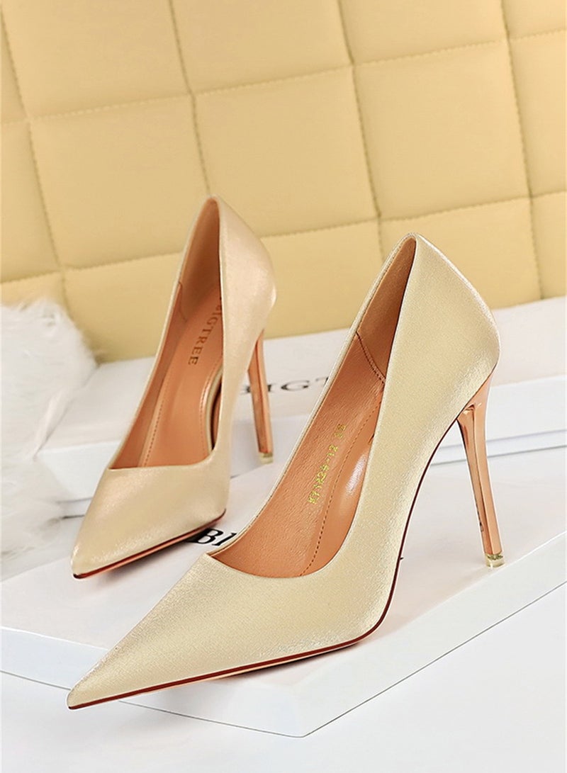 10.5cm European And American Fine Satin Shallow Mouth Pointed High Heels Women's Single Shoes Black