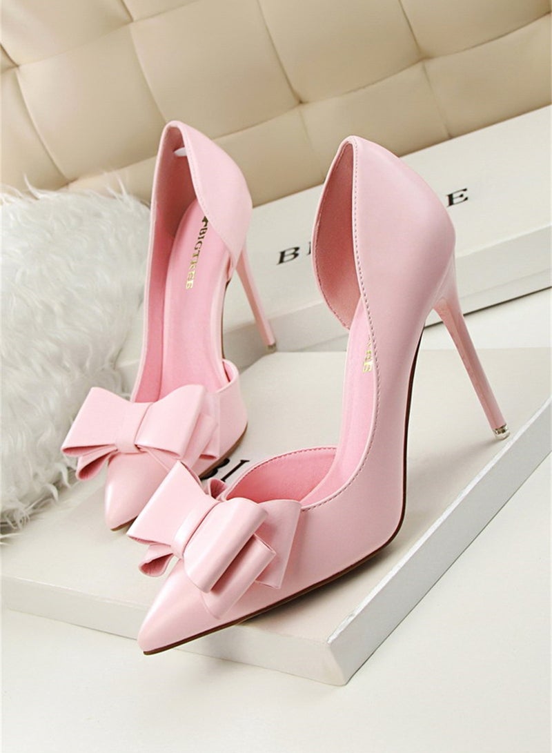 10.5cm Fashion Bow High Heels Shallow Mouth Pointed Side Hollowed Out Single Shoes Pink