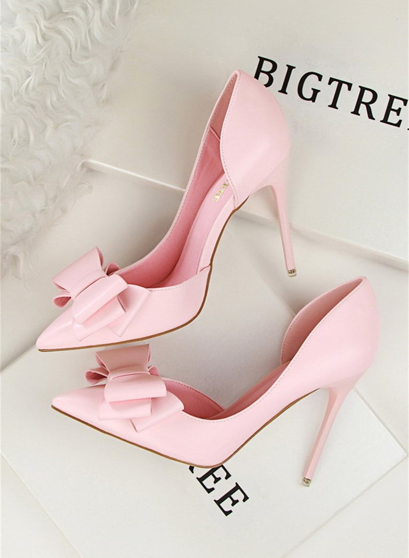 10.5cm Fashion Bow High Heels Shallow Mouth Pointed Side Hollowed Out Single Shoes Pink