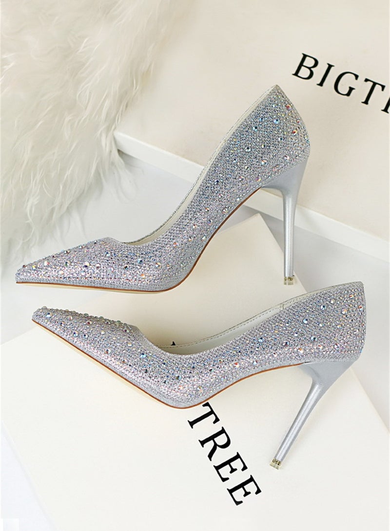 10cm Fashion Party Women's Shoes Slim Heel Shallow Mouth Pointed Thin Rhinestone Color Diamond High Heel Shoes Silver