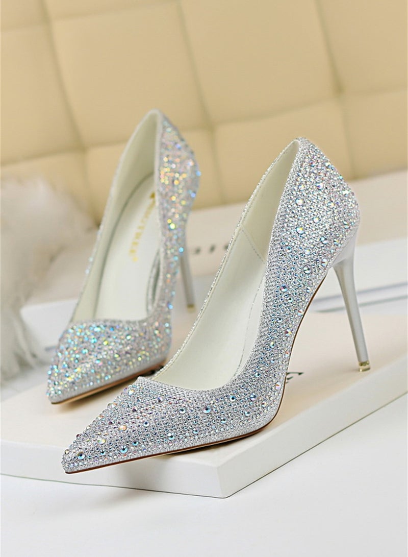 10cm Fashion Party Women's Shoes Slim Heel Shallow Mouth Pointed Thin Rhinestone Color Diamond High Heel Shoes Silver