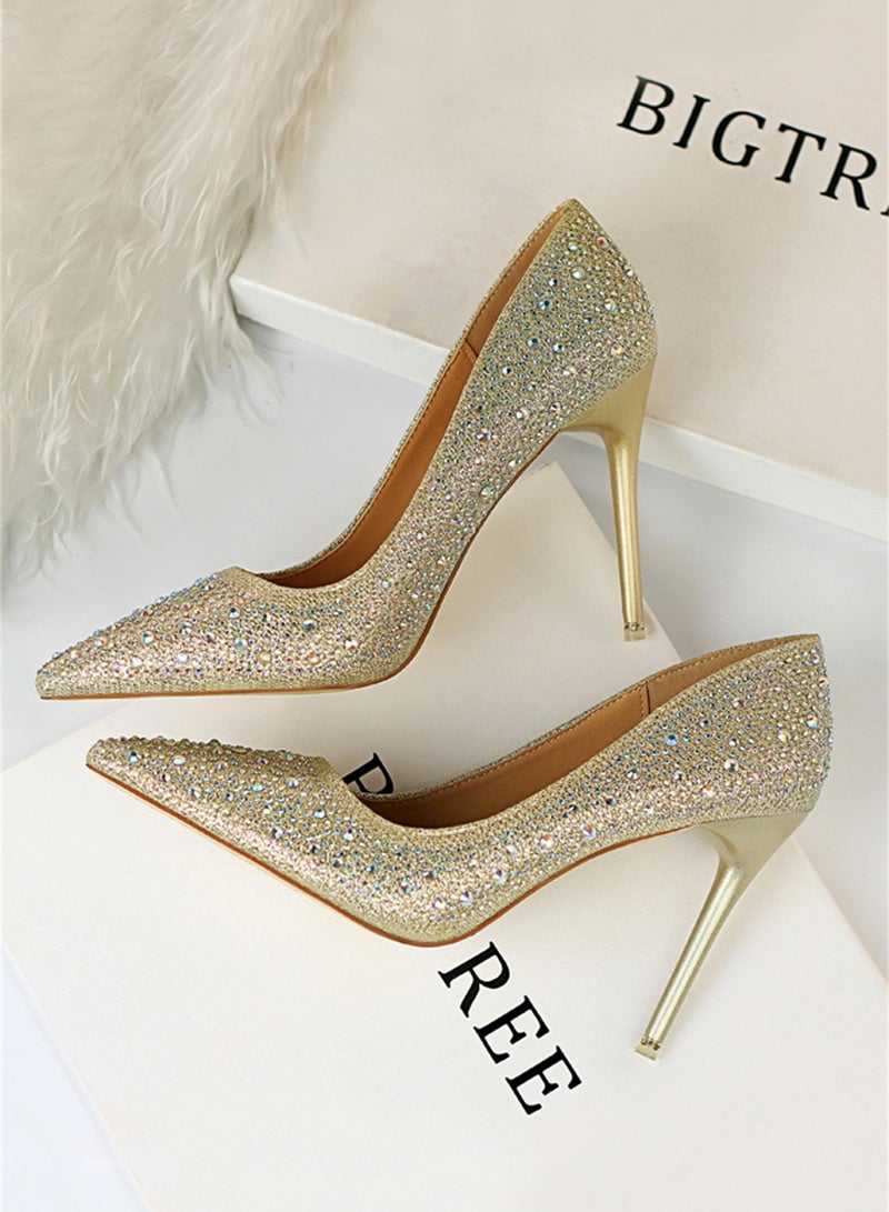 10cm Fashion Party Women's Shoes Slim Heel Shallow Mouth Pointed Thin Rhinestone Color Diamond High Heel Shoes Gold