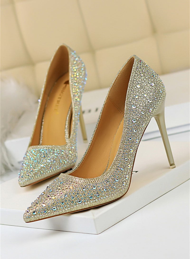 10cm Fashion Party Women's Shoes Slim Heel Shallow Mouth Pointed Thin Rhinestone Color Diamond High Heel Shoes Gold