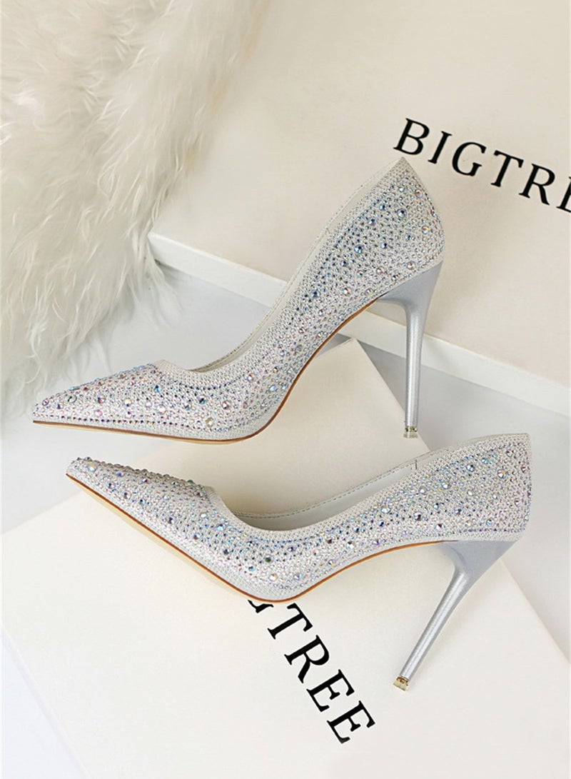 10cm Fashion Party Women's Shoes Slim Heel Shallow Mouth Pointed Thin Rhinestone Color Diamond High Heel Shoes