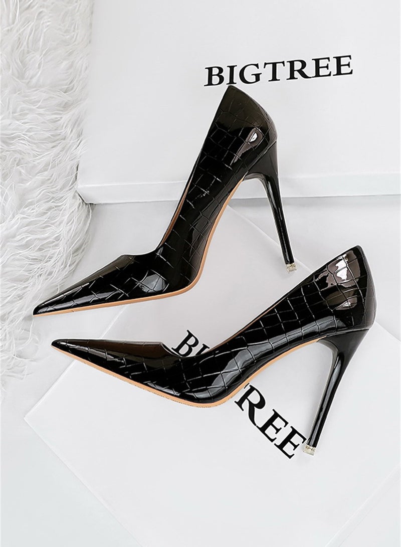 10.5cm Fashion Simple Slim Heels High Heels Bright Surface Patent Leather Shallow Mouth Pointed Women's Heels Black