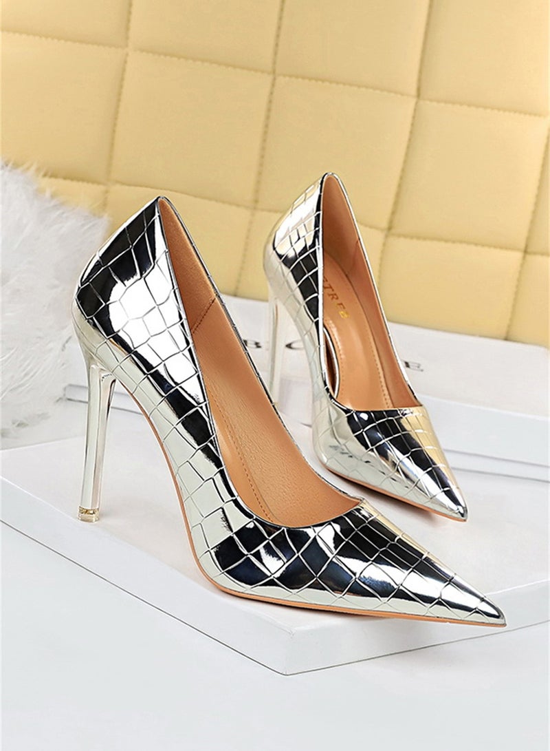 10.5cm Fashion Simple Slim Heels High Heels Bright Surface Patent Leather Shallow Mouth Pointed Women's Heels Silver