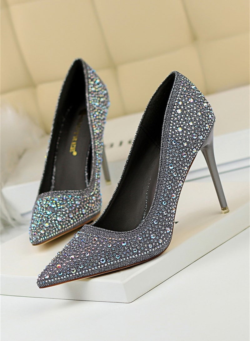 10cm Fashion Party Women's Shoes Slim Heel Shallow Mouth Pointed Thin Rhinestone Color Diamond High Heel Shoes Grey