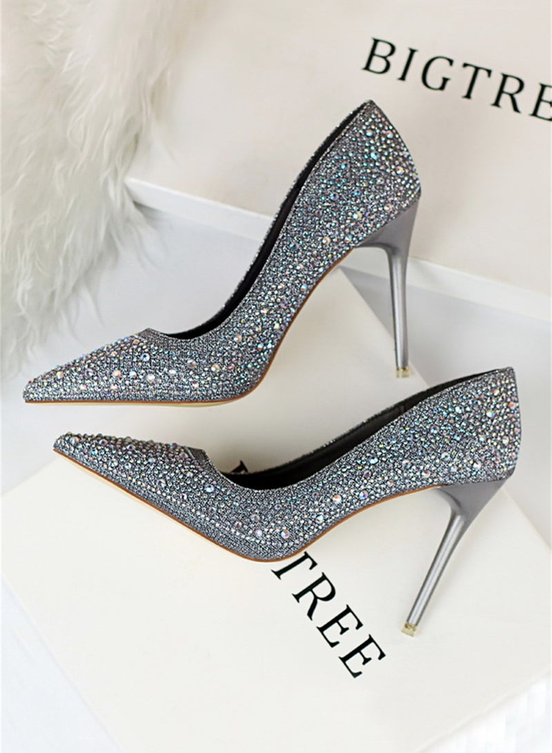 10cm Fashion Party Women's Shoes Slim Heel Shallow Mouth Pointed Thin Rhinestone Color Diamond High Heel Shoes Grey