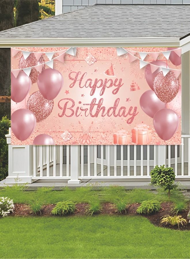 Happy Birthday Party Decorations Supplies Birthday Party Backdrop Happy Birthday Banner Baby Shower Photography Background Photo Booth Pink and Rose Gold 185*110cm