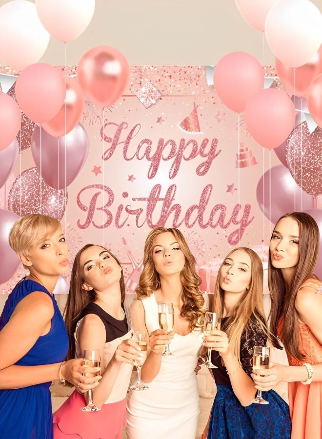 Happy Birthday Party Decorations Supplies Birthday Party Backdrop Happy Birthday Banner Baby Shower Photography Background Photo Booth Pink and Rose Gold 185*110cm