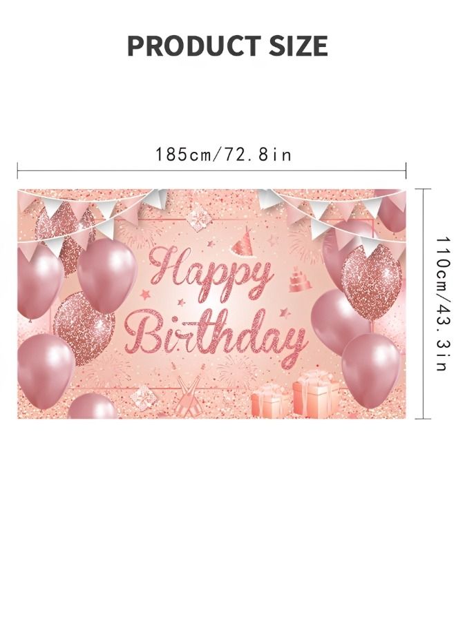 Happy Birthday Party Decorations Supplies Birthday Party Backdrop Happy Birthday Banner Baby Shower Photography Background Photo Booth Pink and Rose Gold 185*110cm