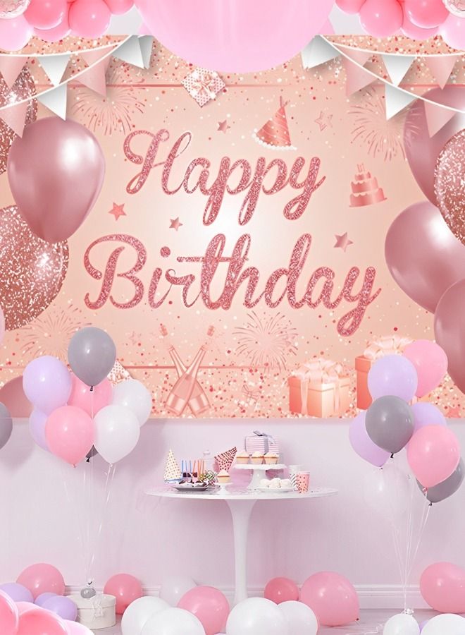 Happy Birthday Party Decorations Supplies Birthday Party Backdrop Happy Birthday Banner Baby Shower Photography Background Photo Booth Pink and Rose Gold 185*110cm