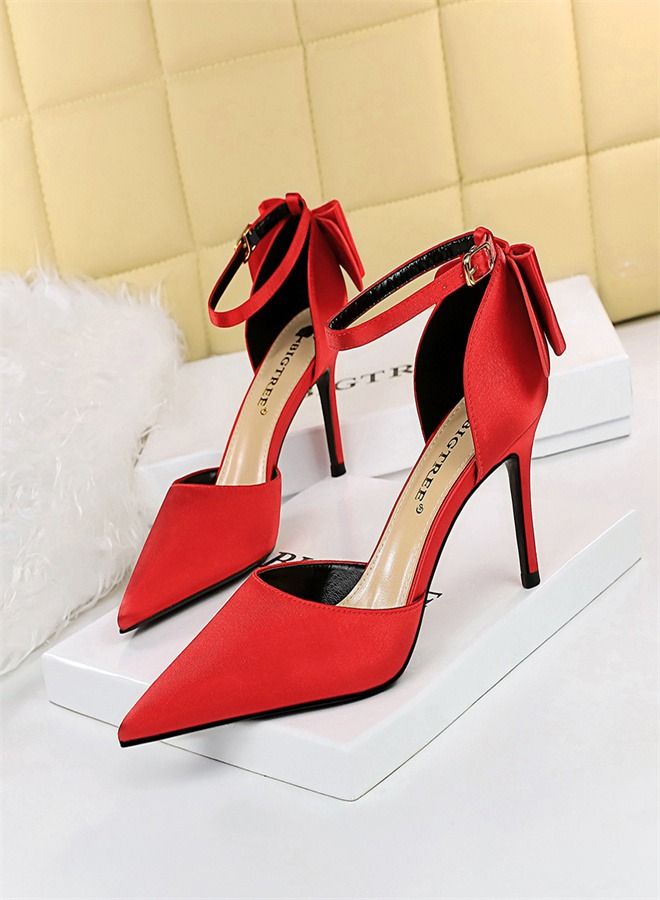 Sweet Shallow Mouth Pointed Bow Thin High Heels 8CM Red