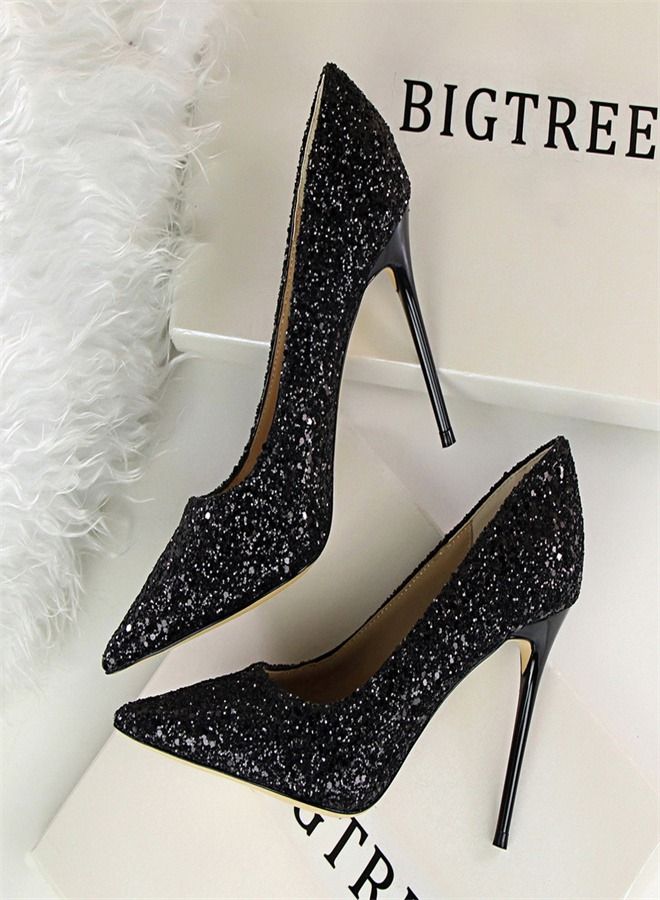 Pointed Glittering Sequins High Heels 9.5CM Black