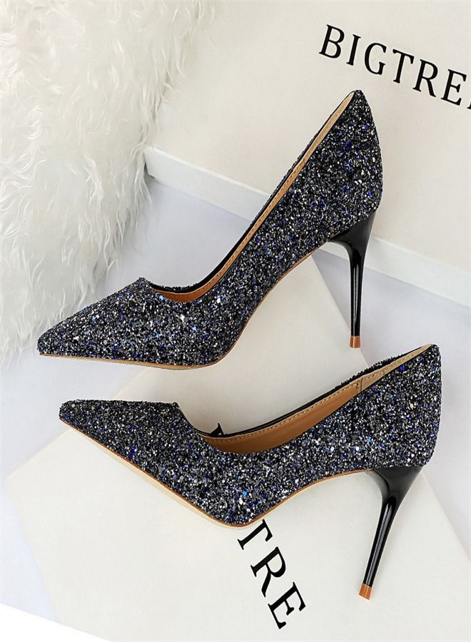 Fashion Shiny Sequins Slim High Heels 7CM Blue