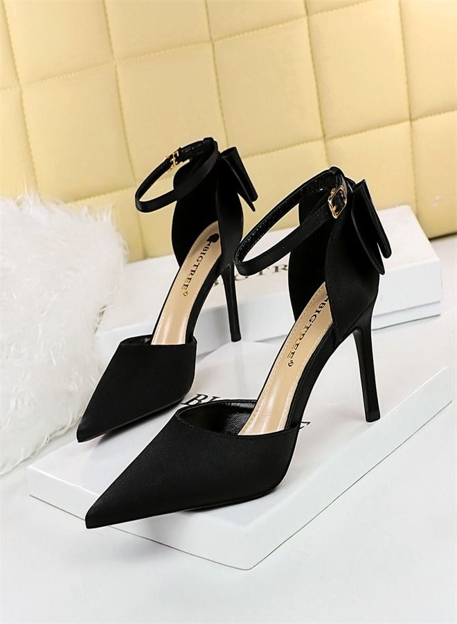 Sweet Shallow Mouth Pointed Bow Thin High Heels 8CM Black