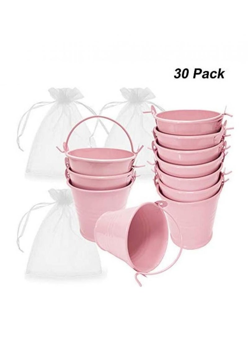 Multipurpose 30 Pack Pink Mini Metal Bucket Tin With Sheer Bag Candy Box Buckets Souvenirs Gift Pails for Wedding Favor Party Favor Baby Shower Favor