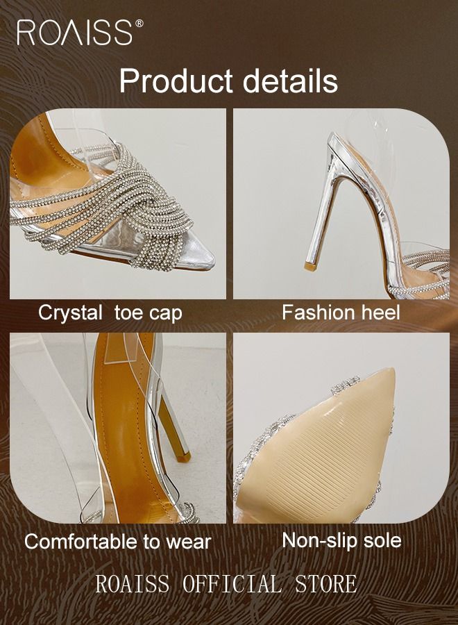 Women Rhinestone Decor Stiletto Heeled Pumps Elegant Banquet Slingback Pumps Ladies Pvc Fashion Shiny Crystal High Heels Slip on Slingback Pointed Toe Wedding Sandals Summer Shoes