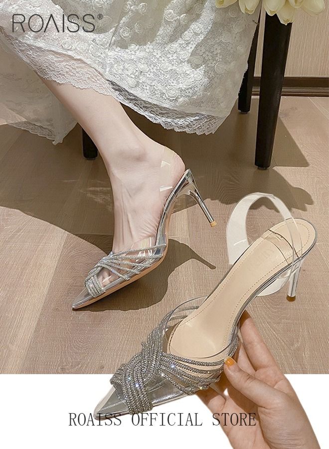 Women Rhinestone Decor Stiletto Heeled Pumps Elegant Banquet Slingback Pumps Ladies Pvc Fashion Shiny Crystal High Heels Slip on Slingback Pointed Toe Wedding Sandals Summer Shoes