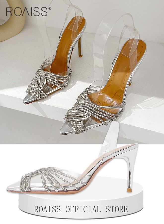 Women Rhinestone Decor Stiletto Heeled Pumps Elegant Banquet Slingback Pumps Ladies Pvc Fashion Shiny Crystal High Heels Slip on Slingback Pointed Toe Wedding Sandals Summer Shoes