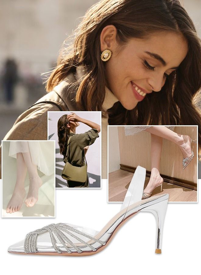 Women Rhinestone Decor Stiletto Heeled Pumps Elegant Banquet Slingback Pumps Ladies Pvc Fashion Shiny Crystal High Heels Slip on Slingback Pointed Toe Wedding Sandals Summer Shoes