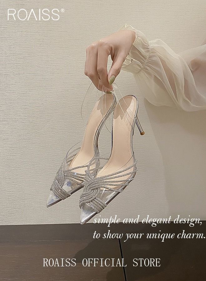 Women Rhinestone Decor Stiletto Heeled Pumps Elegant Banquet Slingback Pumps Ladies Pvc Fashion Shiny Crystal High Heels Slip on Slingback Pointed Toe Wedding Sandals Summer Shoes