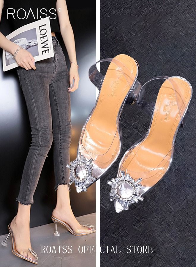 Women Rhinestone Detail Sculptural Clear Heeled Slingback Pumps Fashion Crystal High Heels Slip On Slingback Pointed Closed Toe Transparent PVC Dress Wedding Sandals Summer Shoes