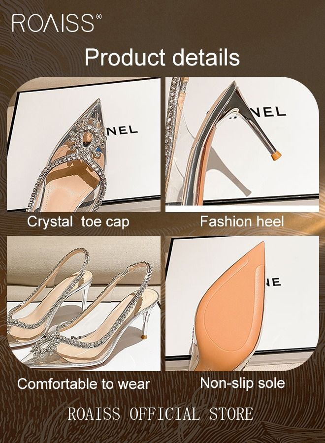 Women Rhinestone Decor Slingbacks PVC Stiletto Heeled Glamorous Pumps Fashion Crystal High Heels Slip On Slingback Pointed Closed Toe Transparent PVC Dress Wedding Sandals Summer Shoes