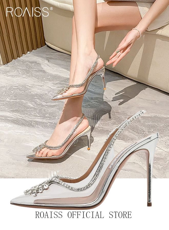 Women Rhinestone Decor Slingbacks PVC Stiletto Heeled Glamorous Pumps Fashion Crystal High Heels Slip On Slingback Pointed Closed Toe Transparent PVC Dress Wedding Sandals Summer Shoes