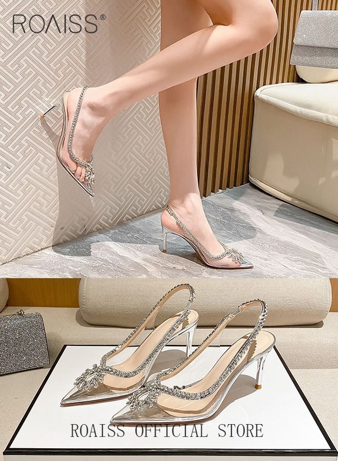 Women Rhinestone Decor Slingbacks PVC Stiletto Heeled Glamorous Pumps Fashion Crystal High Heels Slip On Slingback Pointed Closed Toe Transparent PVC Dress Wedding Sandals Summer Shoes